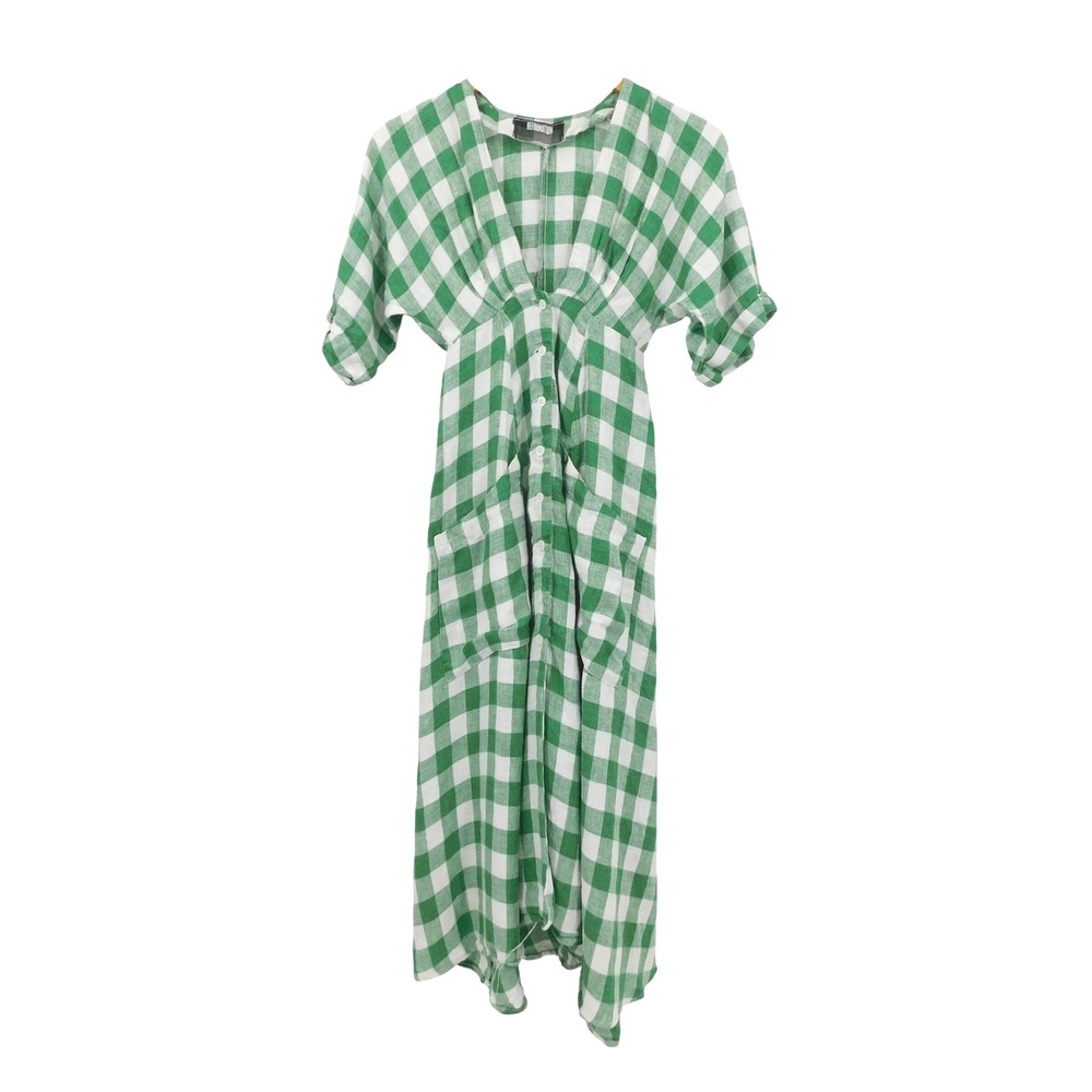 Reformation Green‎ 100% Linen White Geneva Gingham Check Midi Dress Size 0